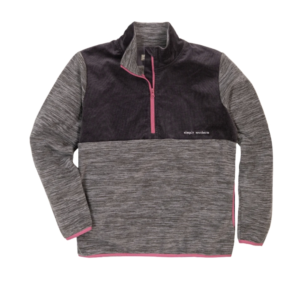 Simply Southern Grey & Pink Quarter Zip Double Pocket Women's Small Sweater